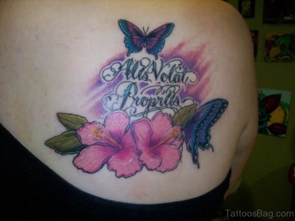 Pink Flower And Butterfly Shoulder Tattoo