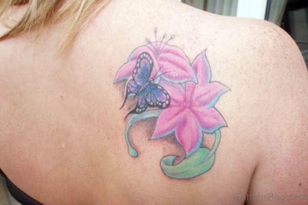 Pink Flower And Butterfly Tattoo On Shoulder