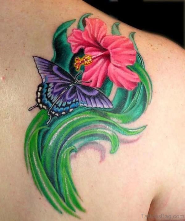 Pink Lily And Butterfly Shoulder Tattoo