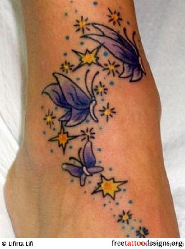 Purple Butterfly And Star Tattoo On Feet