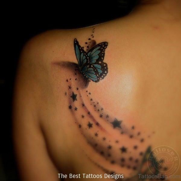 Realistic Butterfly And Star Tattoo On Shoulder