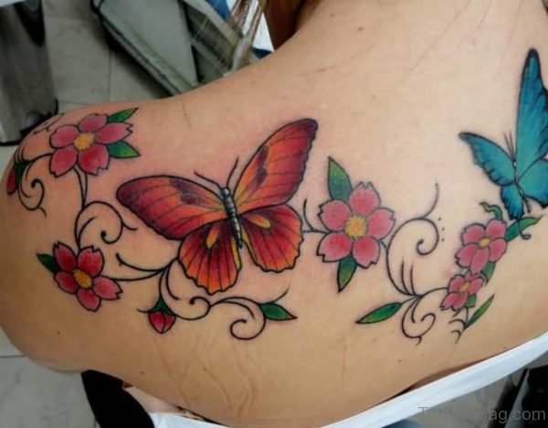 Red Butterfly And Flower Shoulder Tattoo