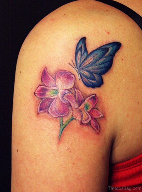 Sweet Blue Butterfly And Flower Tattoo On Shoulder