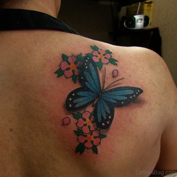 Sweet Butterfly And Flower Tattoo On Shoulder