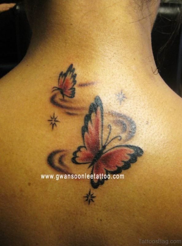 Sweet Butterfly And Star Tattoo On Back