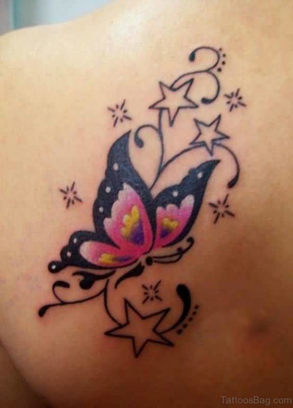 Sweet Butterfly And Star Tattoo On Shoulder