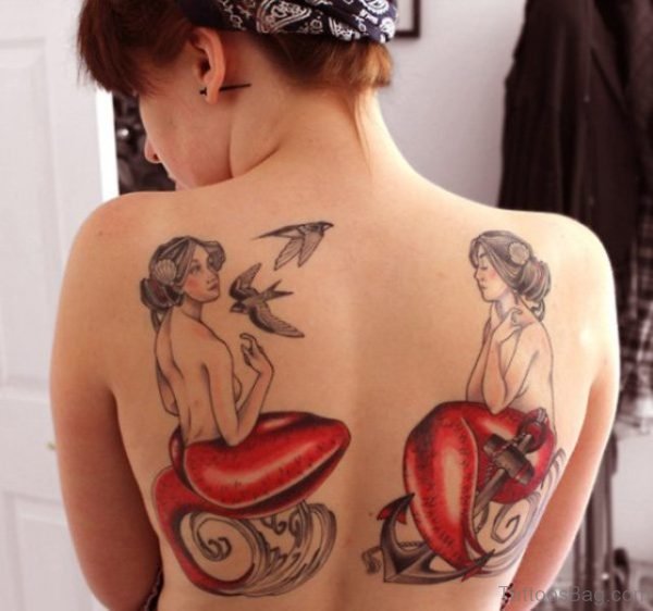 Twin Mermaid Tattoos On Back