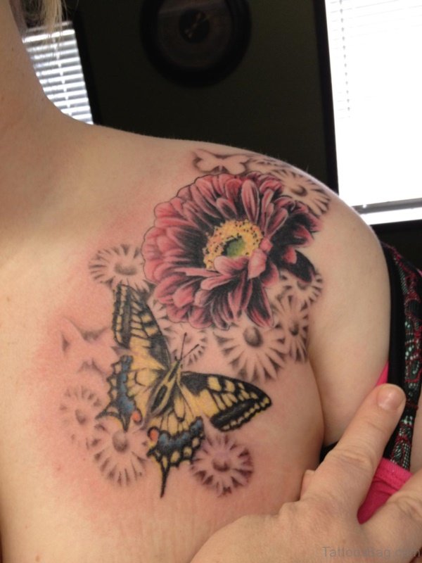 Yellow Butterfly And Flower Tattoo