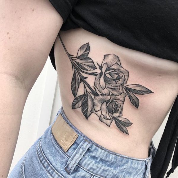 Double Rose Tattoo On The Rib Cage