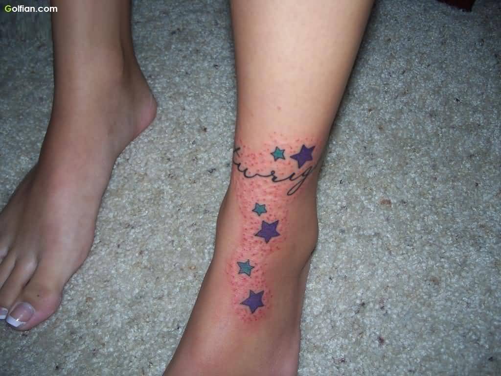 Nice Colorful Star and Word Ankle Tattoo Design For Girls