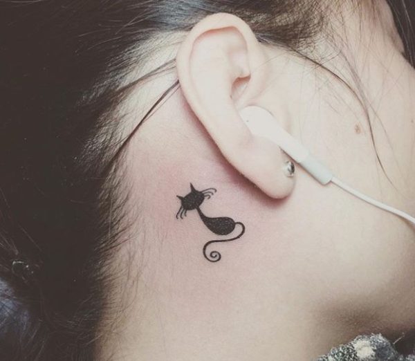 Black Cat Silhouette Tattoo Behind Ear