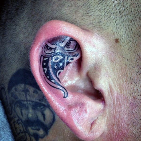 Mens Masked Owl Ear Tattoo