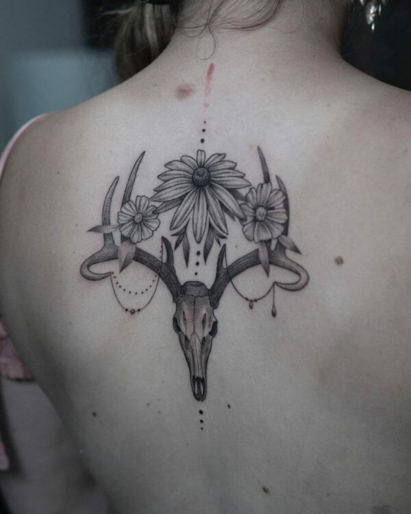 Deer Skull With Antlers And Flowers Tattoo