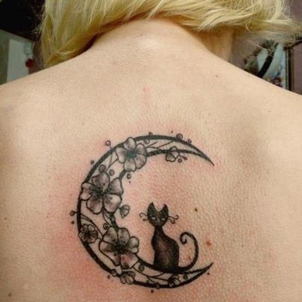 Floral Moon And Black Cat Tattoo