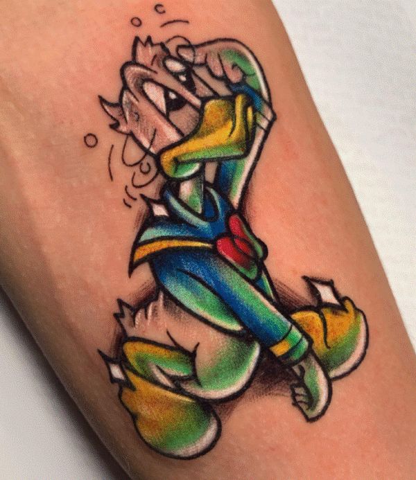 Green Donald Duck Tattoo Design On Forearm