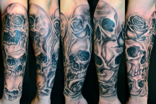 Grey Shaded Skull With Rose Tattoo