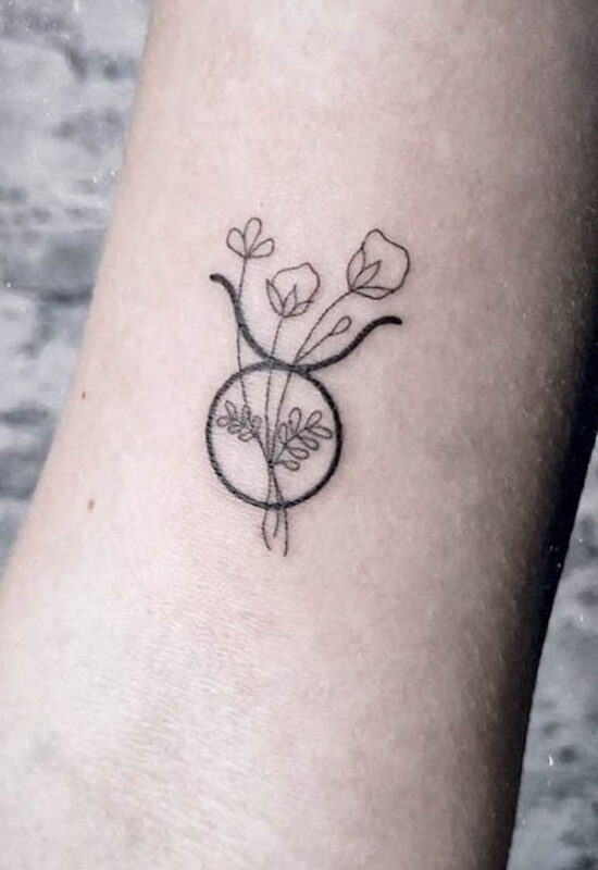 Small Taurus And Flowers Tattoo