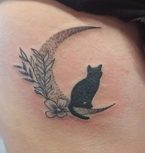 Cat With Plants And Moon Tattoo