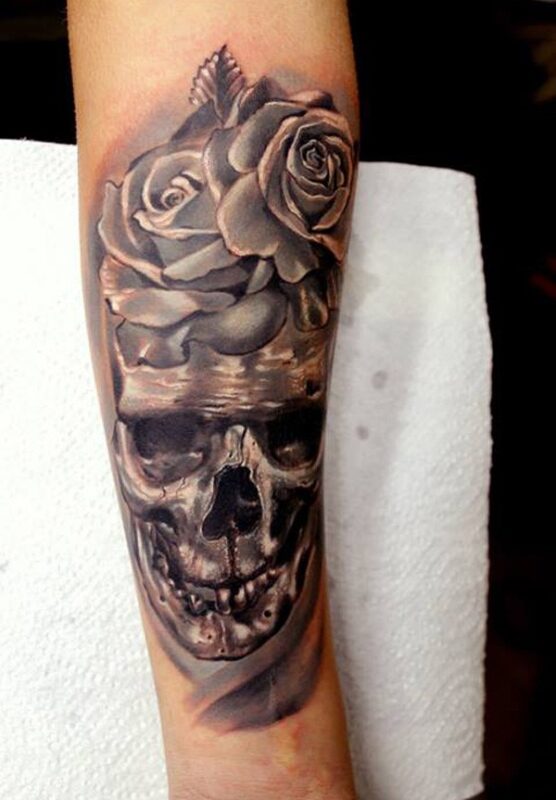 Skull With Roses Forearm Tattoo