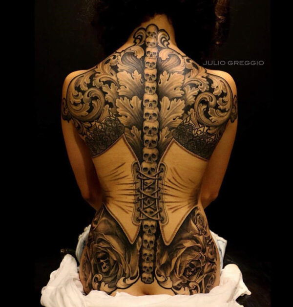Corset Skulls Womens Back Tattoo