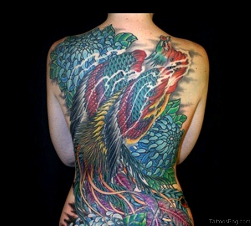 Татуировка на спине у девушки Жар птица
