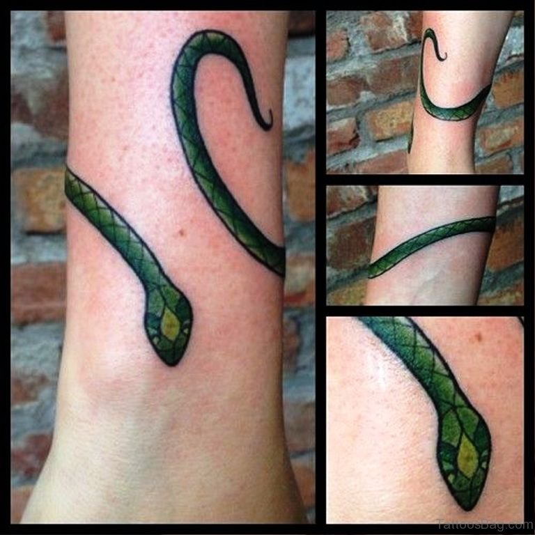 Green Snake Tattoo On Wrist.