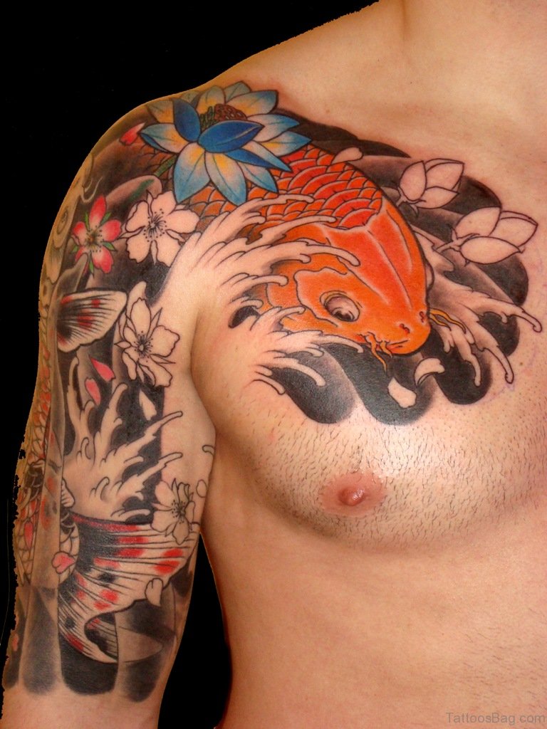 small koi fish black and grey tattoo on chest  Koi fish tattoo Black and  grey tattoos Koi tattoo sleeve