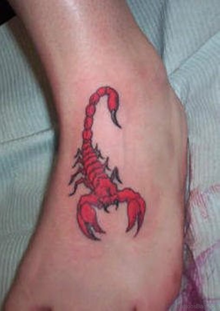 Fine line style red scorpion tattoo located on the